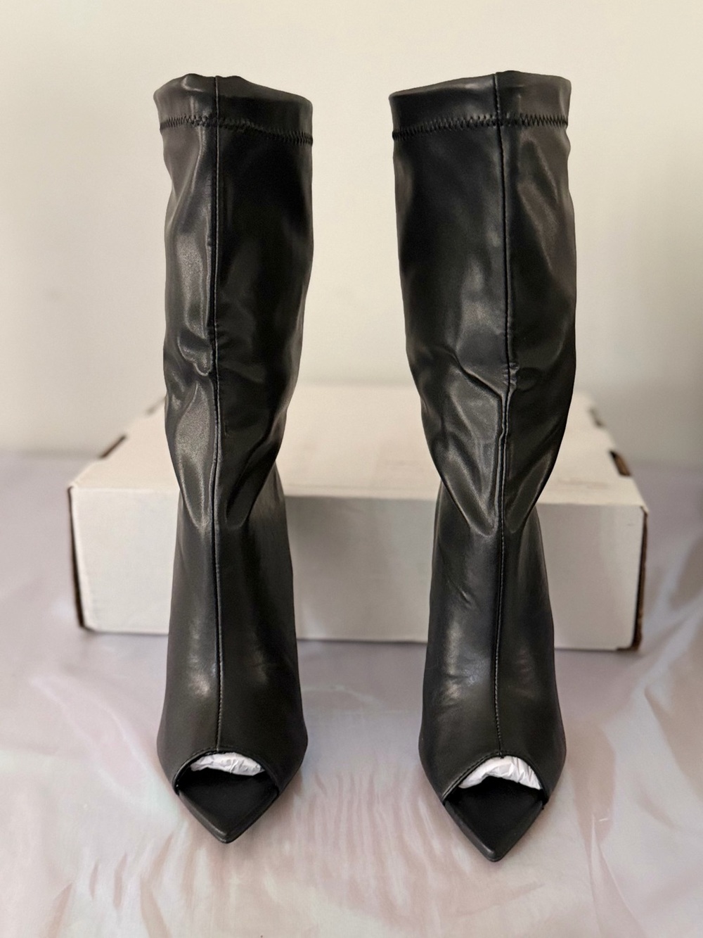 Liliana Black Peep-Toe Mid-Calf Heeled Boots
